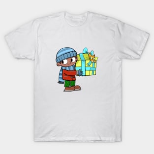 boy is holding a gift with a cat peeking out from it T-Shirt